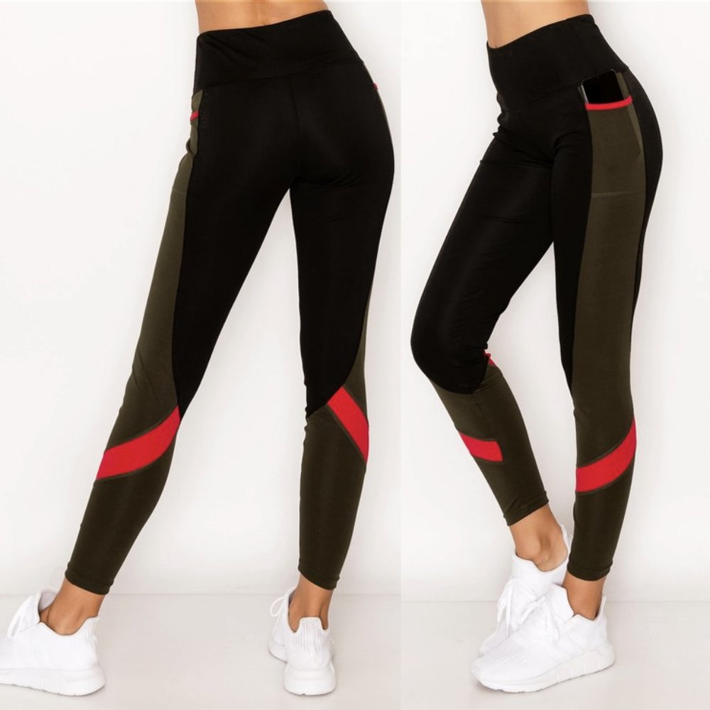 Black Olive Colorblock Pocket High Waist Leggings - Picture 7 of 10
